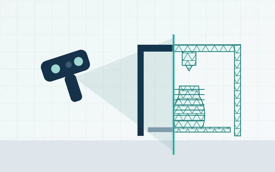Illustration of a 3D printer with a printed vase, next to a 3D scanner