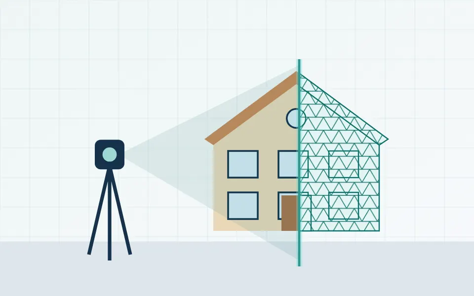 Illustration of a house front with a tripod 3D scanner capturing it as a mesh