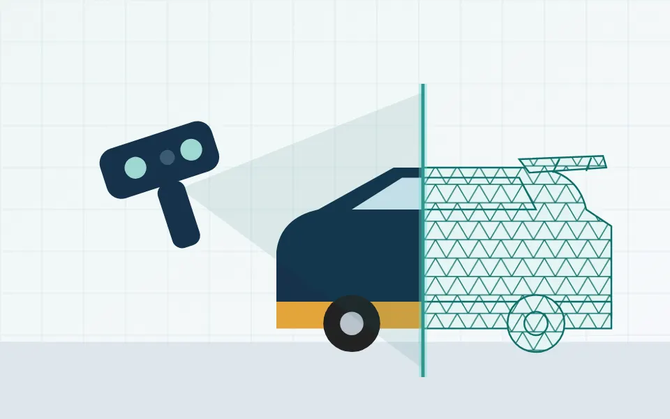Illustration of a car rear with a spoiler being 3D scanned into a digital mesh