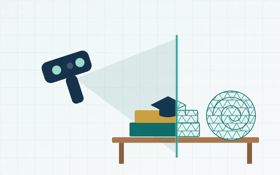 Illustration of books, a graduation cap and a fossil on a table being 3D scanned