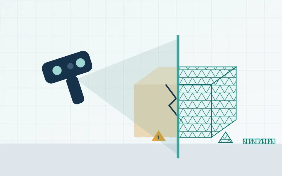 Illustration of a damaged box with numbered markers and a scale bar being 3D scanned