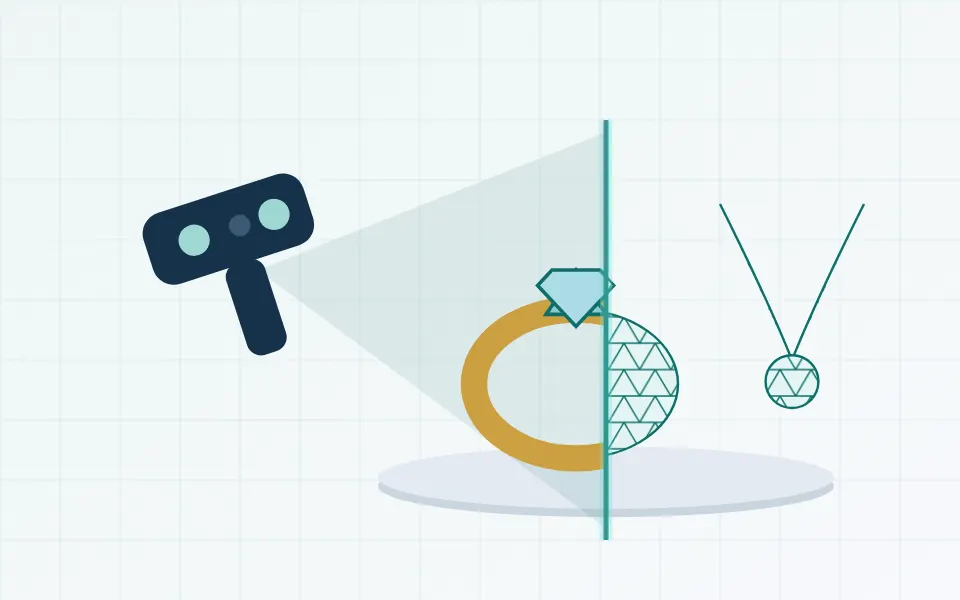 Illustration of a gold ring with a gem and a pendant being 3D scanned