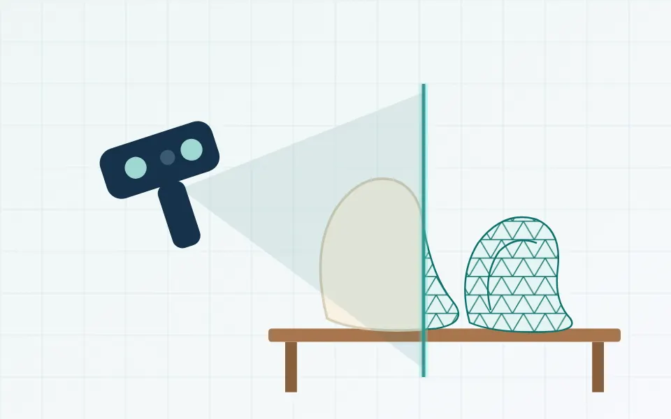 Illustration of a plaster foot cast and an insole on a table being 3D scanned