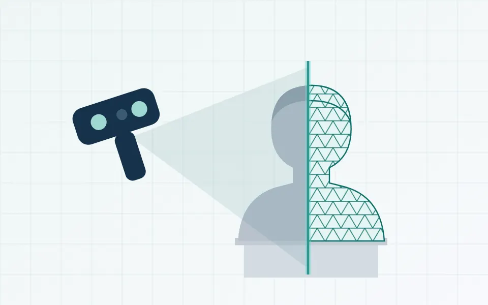 Illustration of a generic head-and-shoulders bust on a plinth being 3D scanned