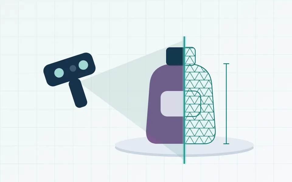Illustration of a 3D scanner capturing a product prototype, with half of it shown as a digital mesh