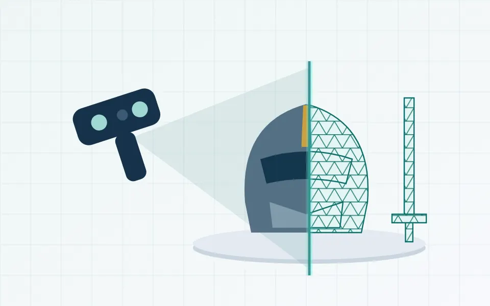 Illustration of a costume helmet and a prop sword being 3D scanned